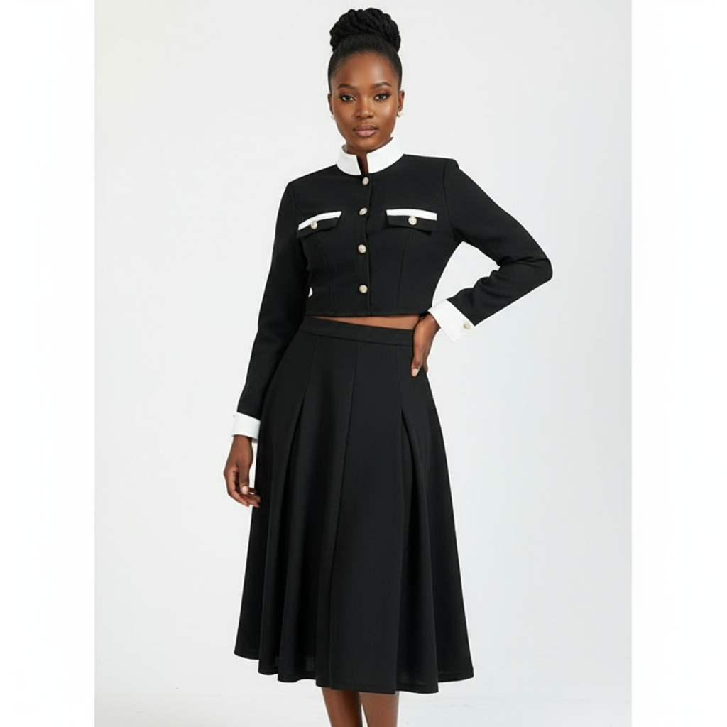 Vintage Contrast Collar Blouse & Cuffs Pleated Maxi  Skirt Suit Set
