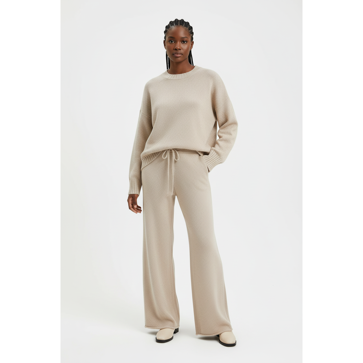 O-Neck Blouse Drawstring Wide Leg Long Pants Sweater Sets