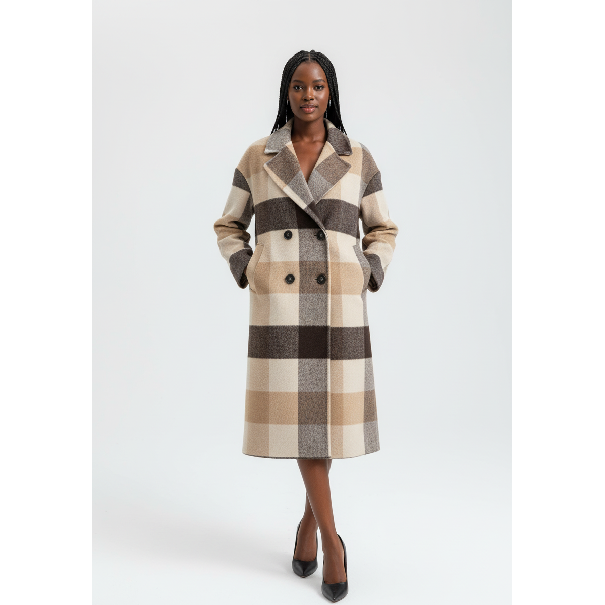 Plus Size Collar Plaid Lace Up Casual Long Jacket