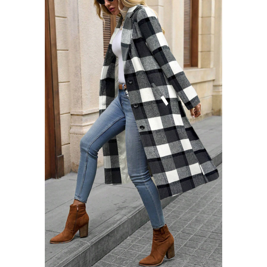 Plus Size Collar Plaid Lace Up Casual Long Jacket