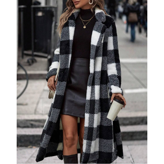 Plus Size Collar Plaid Lace Up Casual Long Jacket