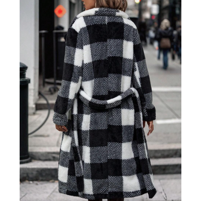 Plus Size Collar Plaid Lace Up Casual Long Jacket