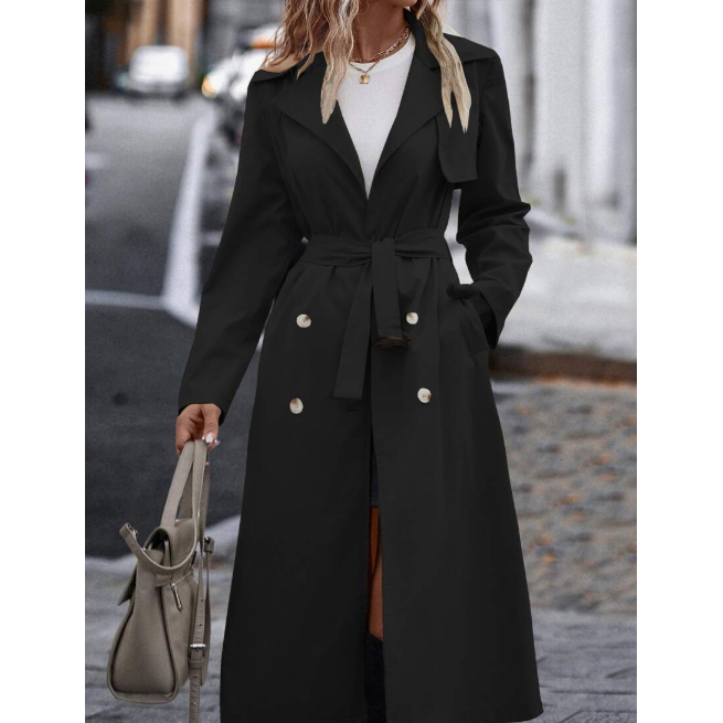 Double Breasted Slant Pockets Belted Trench Coat
