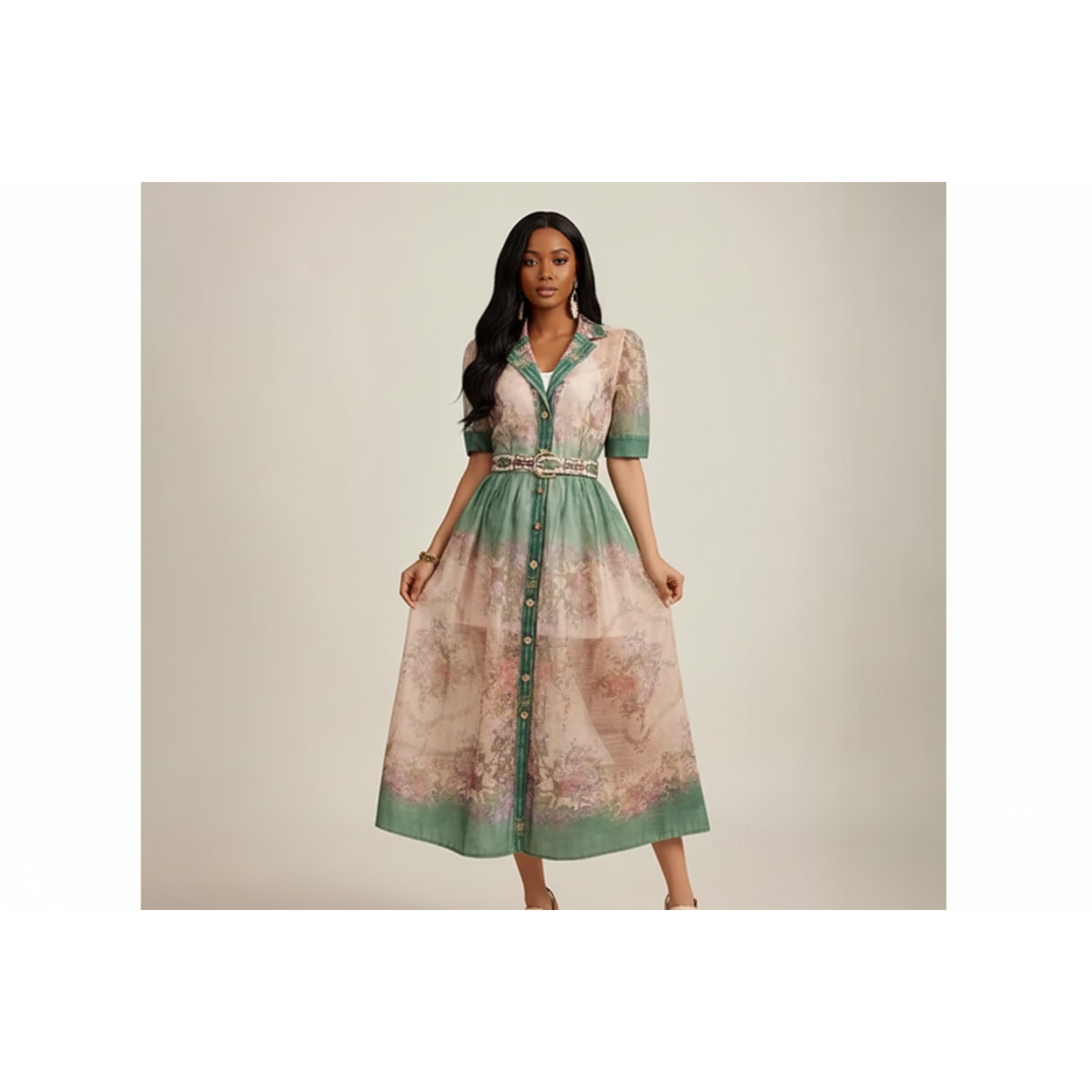 Short Sleeve V-Neck Multi-Color A-Line Maxi Dress