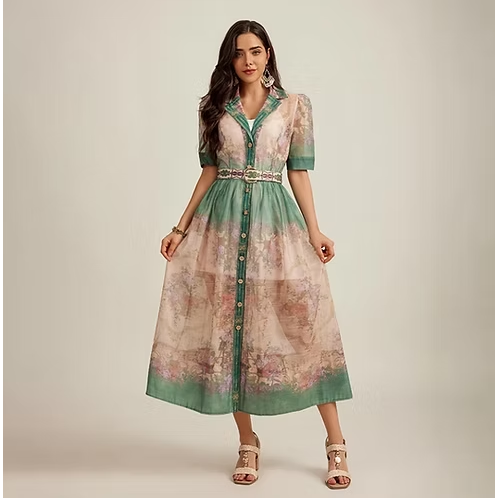 Short Sleeve V-Neck Multi-Color A-Line Maxi Dress