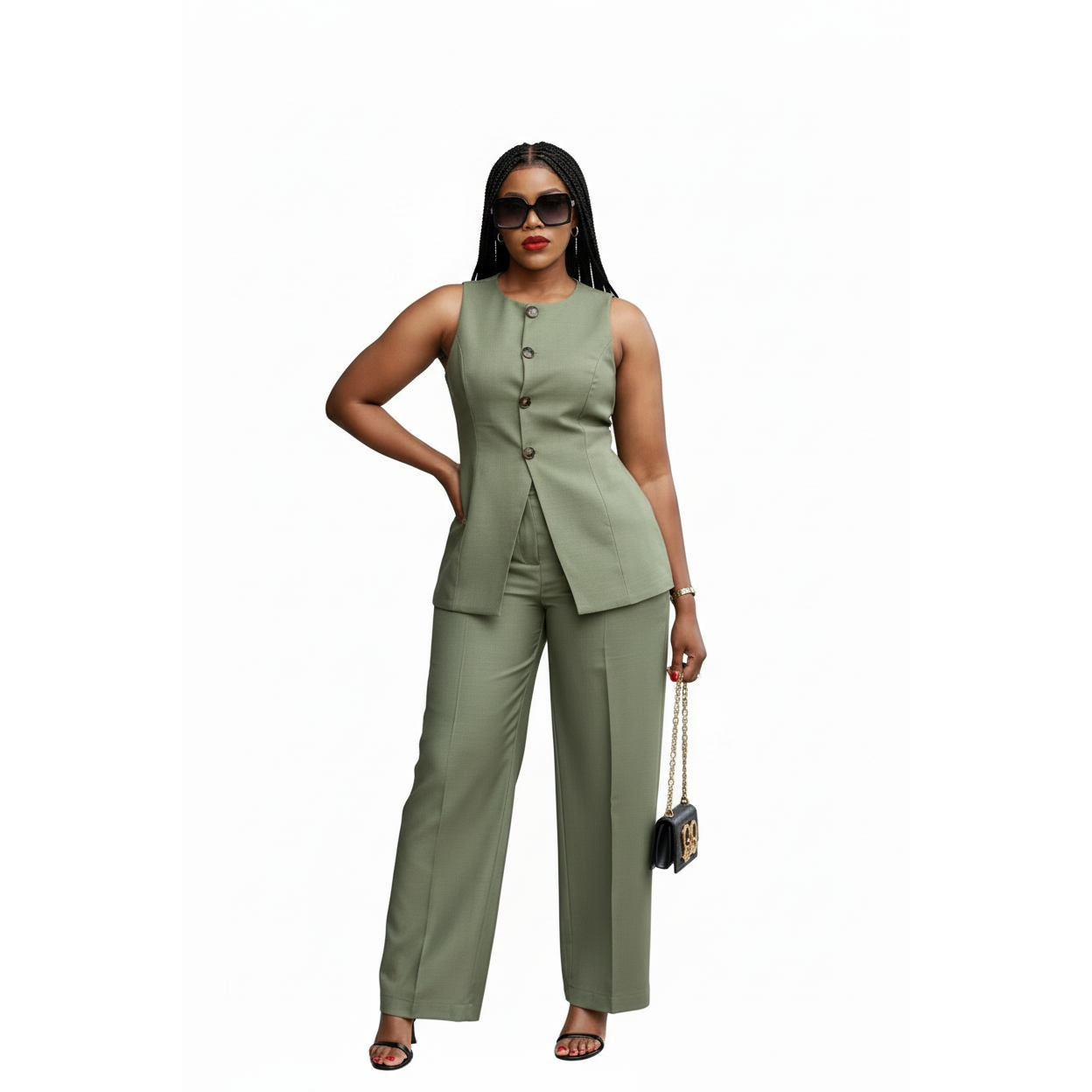 Sleeveless Button Front Vest Blazer & Wide Leg Pants