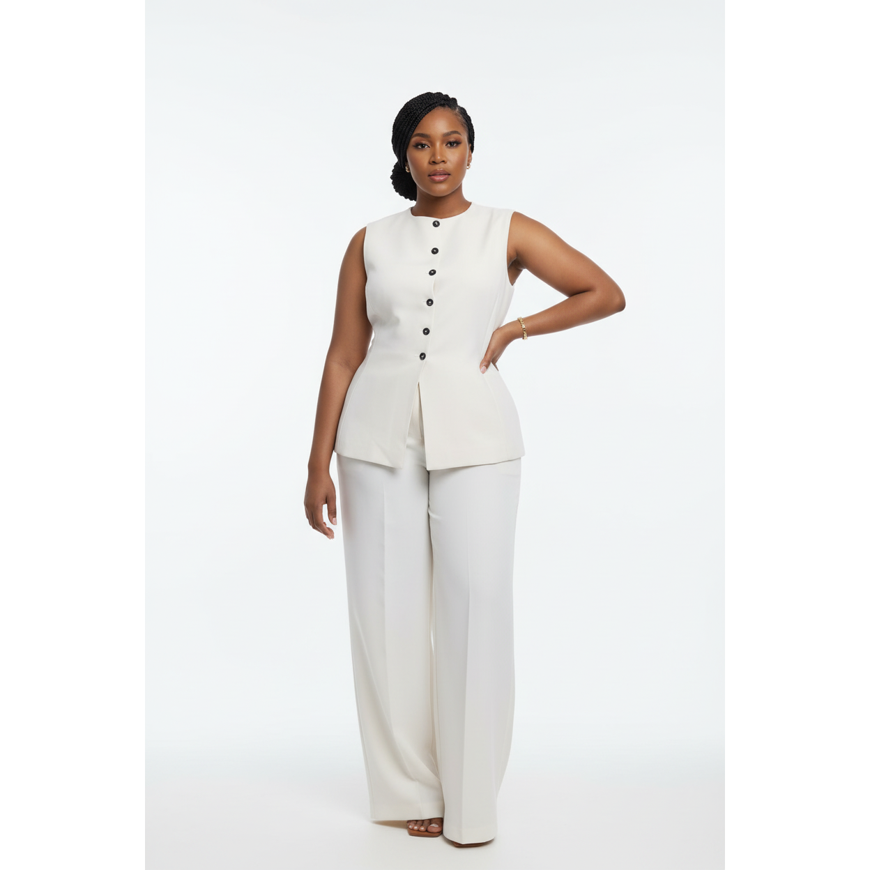 Sleeveless Button Front Vest Blazer & Wide Leg Pants
