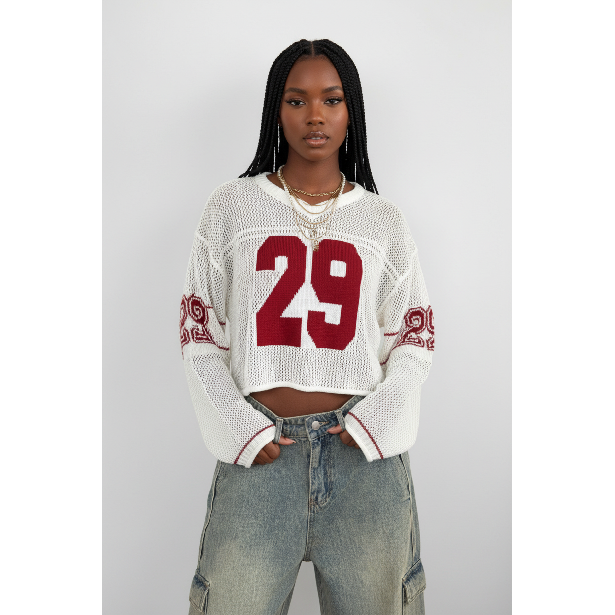 Unisex Style Knit Striped & Number Printed Cover Up Sweater