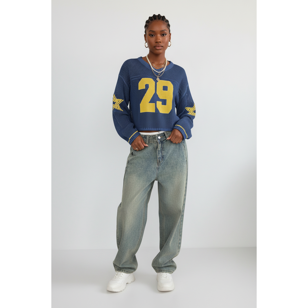 Unisex Style Knit Striped & Number Printed Cover Up Sweater