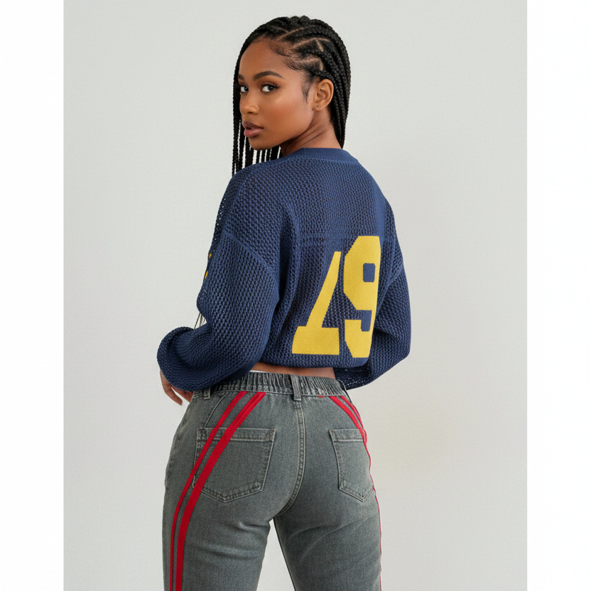 Unisex Style Knit Striped & Number Printed Cover Up Sweater