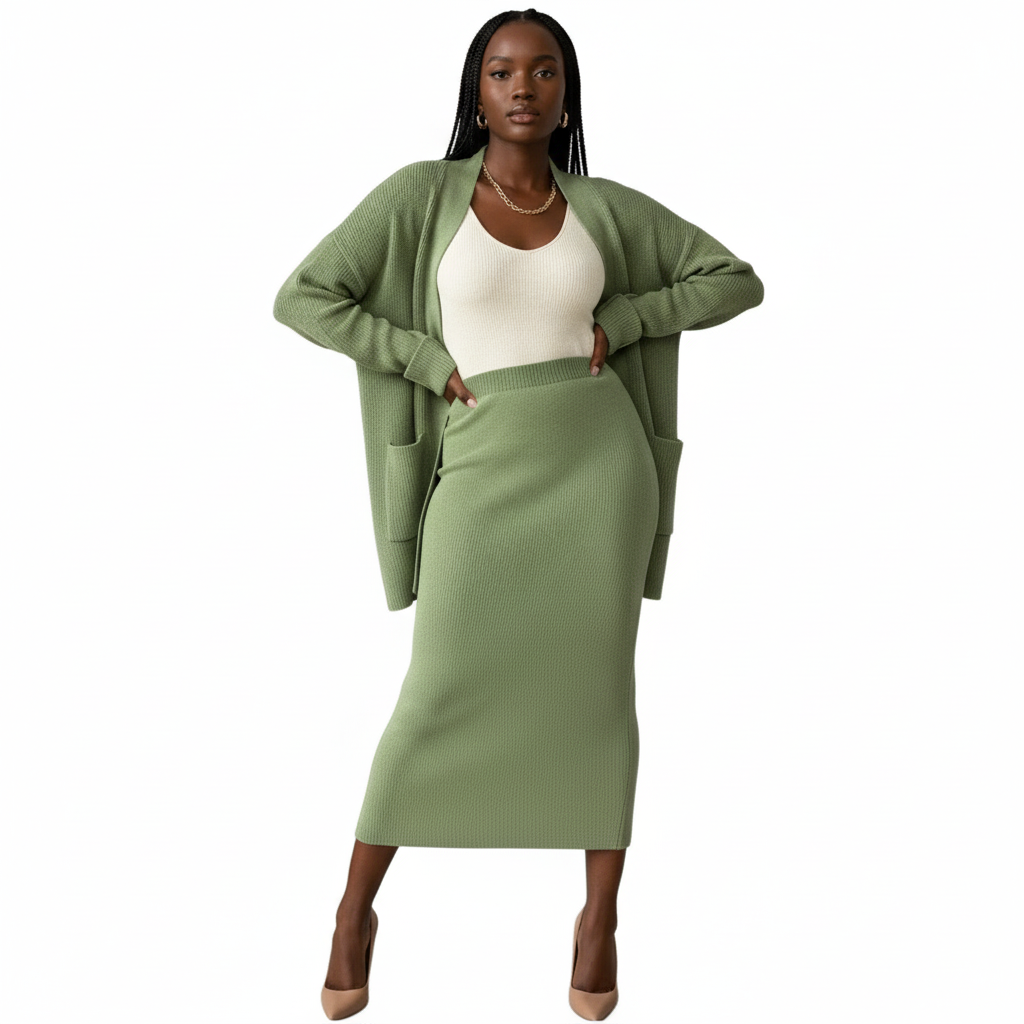 Fashion Cardigan High Waisted Pencil Skirt Knit Sweater Set