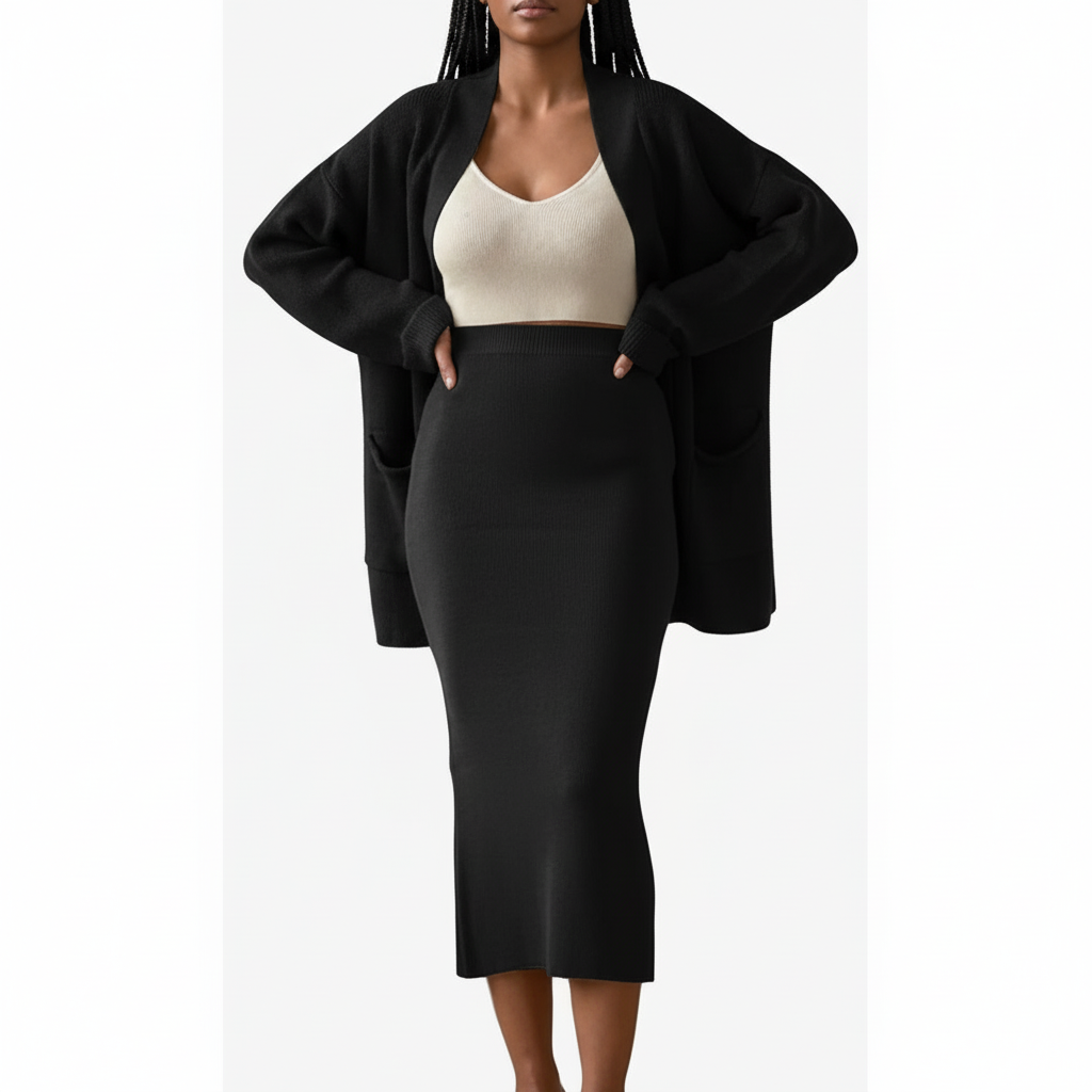 Fashion Cardigan High Waisted Pencil Skirt Knit Sweater Set