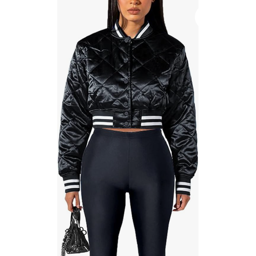 Quilted Bomber Jacket Lightweight Button Down Cropped Varsity Jacket