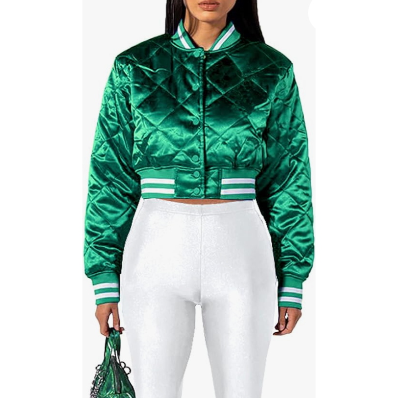 Quilted Bomber Jacket Lightweight Button Down Cropped Varsity Jacket