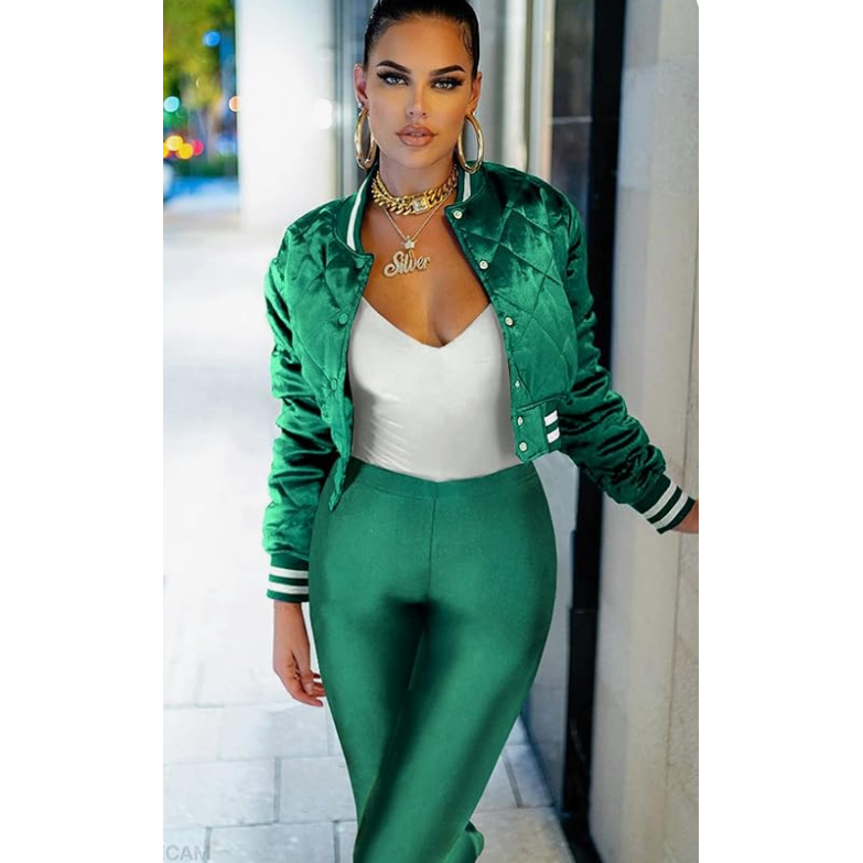 Quilted Bomber Jacket Lightweight Button Down Cropped Varsity Jacket