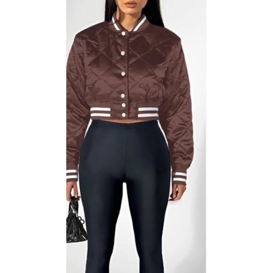 Quilted Bomber Jacket Lightweight Button Down Cropped Varsity Jacket
