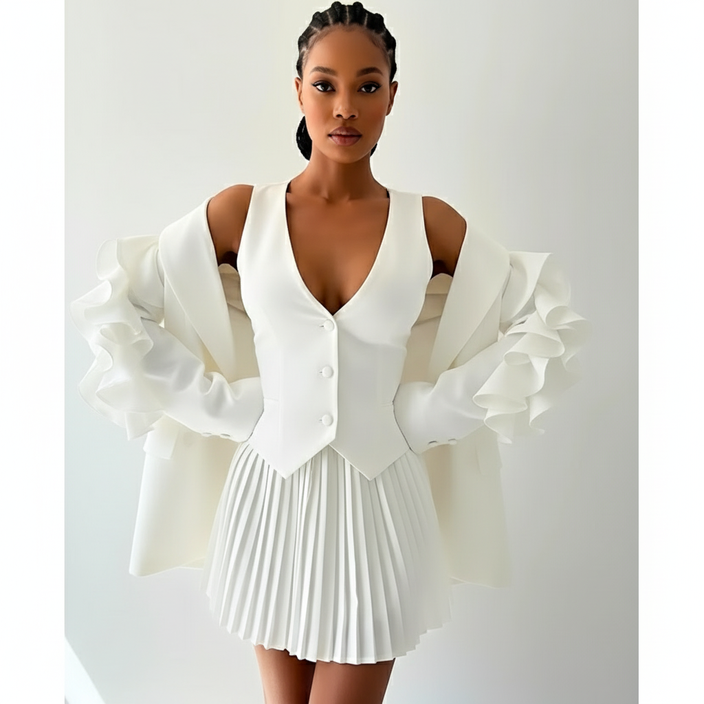Crop Vest, Long Sleeve Blazer And Pleated Mini Skirt 3 Pieces Set