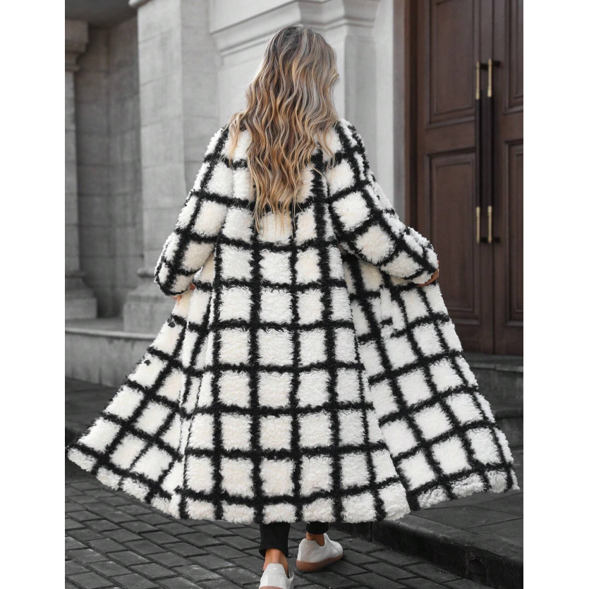 Plus Size Collar Plus Plaid Print Drop Shoulder Overcoat