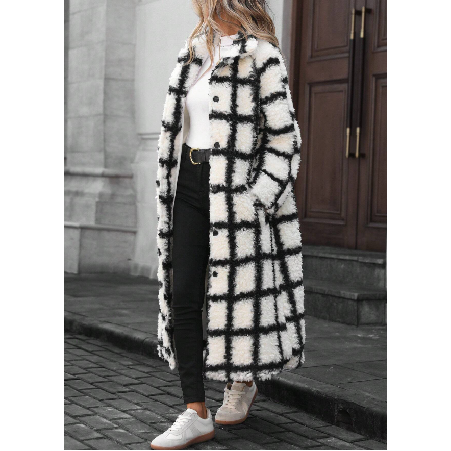 Plus Size Collar Plus Plaid Print Drop Shoulder Overcoat