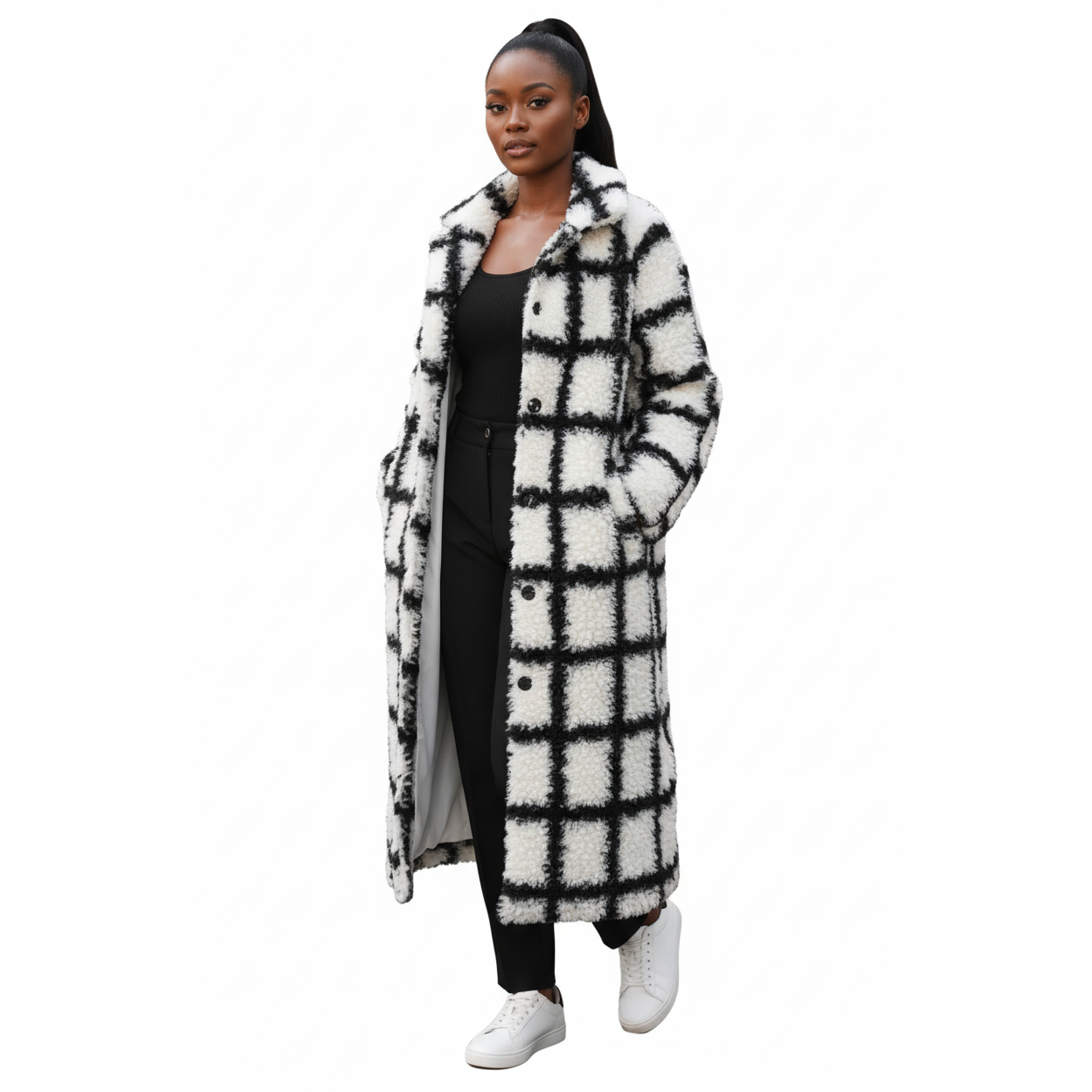 Plus Size Collar Plus Plaid Print Drop Shoulder Overcoat