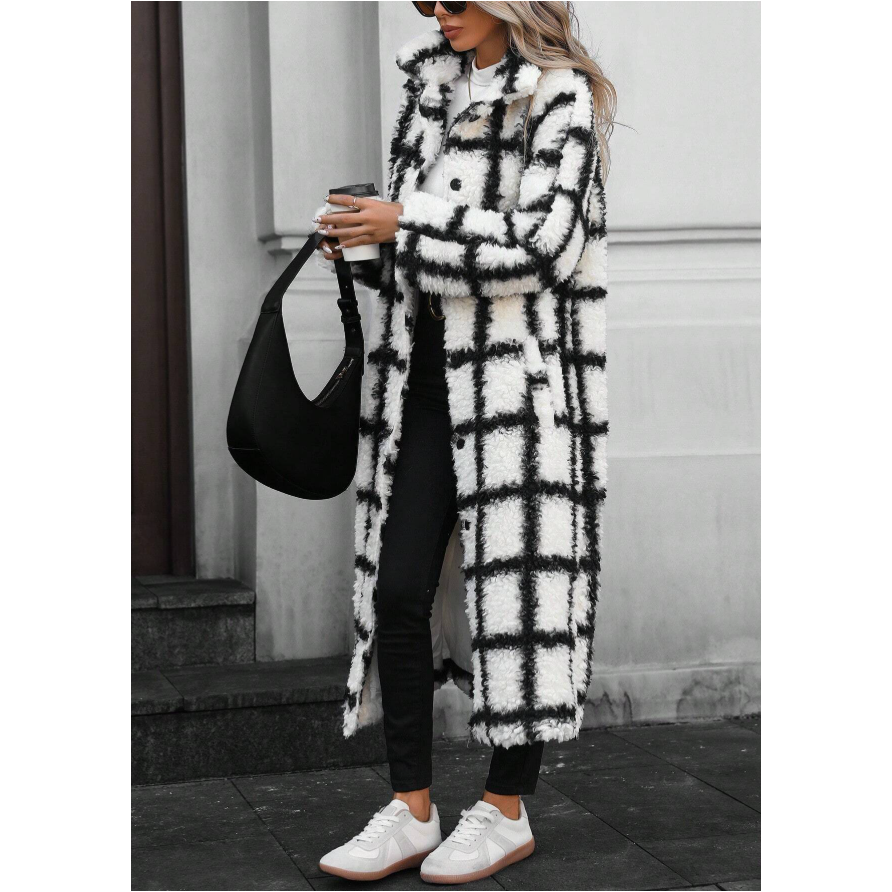 Plus Size Collar Plus Plaid Print Drop Shoulder Overcoat