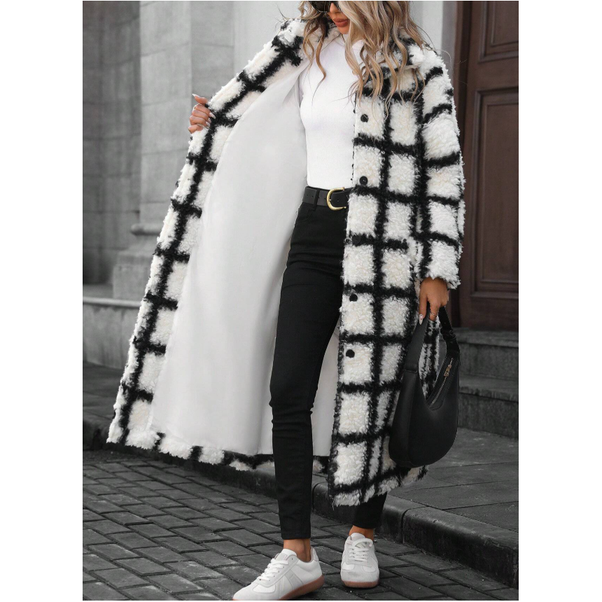 Plus Size Collar Plus Plaid Print Drop Shoulder Overcoat