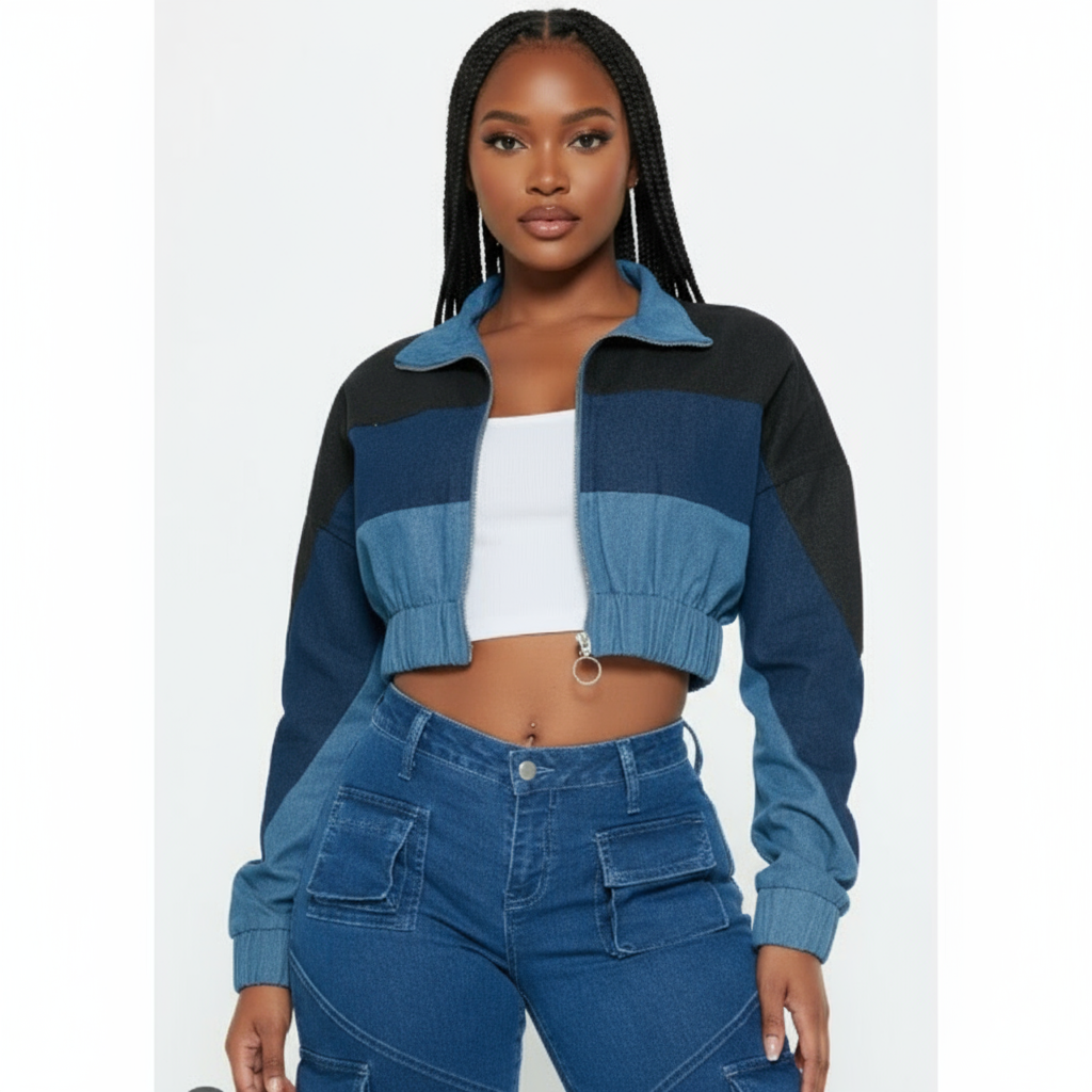 Woman wearing a black and blue striped jacket with a white top and blue jeans on a white background