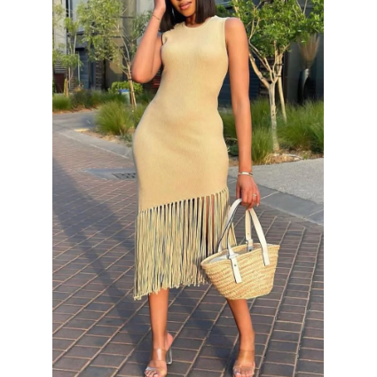 Woman’s Knitted Tussle Midi Fringe Dress