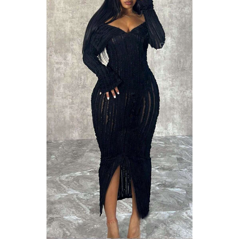 Mesh Texture Fabric Turn-Down Collar Off Shoulder Bodycon Dress