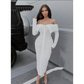 Mesh Texture Fabric Turn-Down Collar Off Shoulder Bodycon Dress