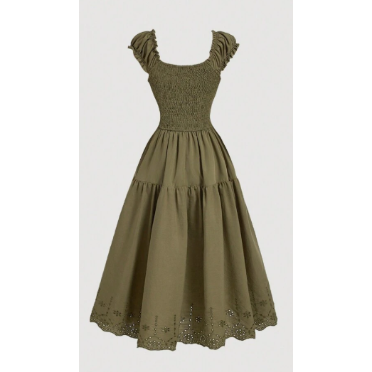 Vintage Chest Back Solid Color Lace Summer Dress