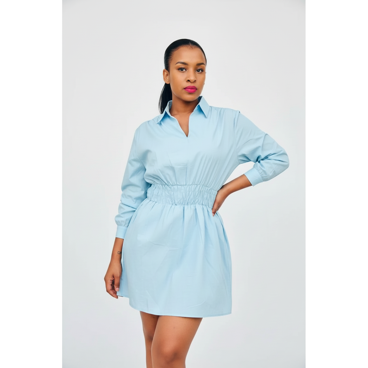 Long Sleeve Turn Down Collar Midi Dress