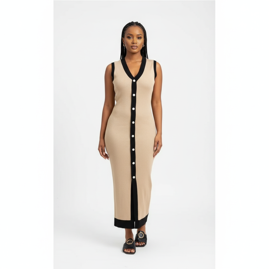 Casual Contrast Color Knitted V-Neck Sleeveless Slim Fit Dress