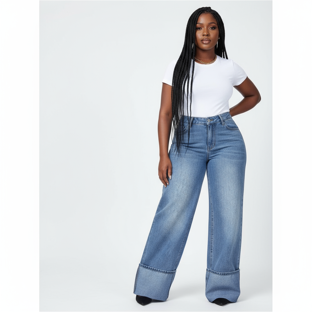 Plus Size Women Pockets Flared Wide Leg Loose Casual Versatile Denim Jeans