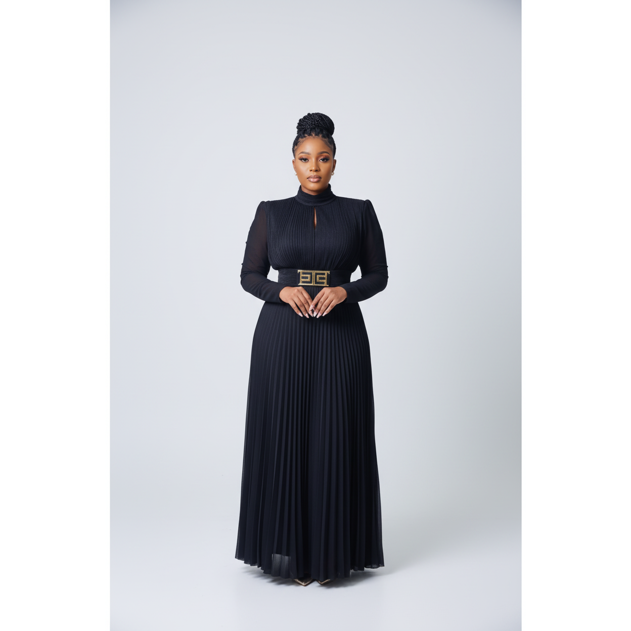 Satin A Line Long Sleeve Pleated High-neck Maxi Dress