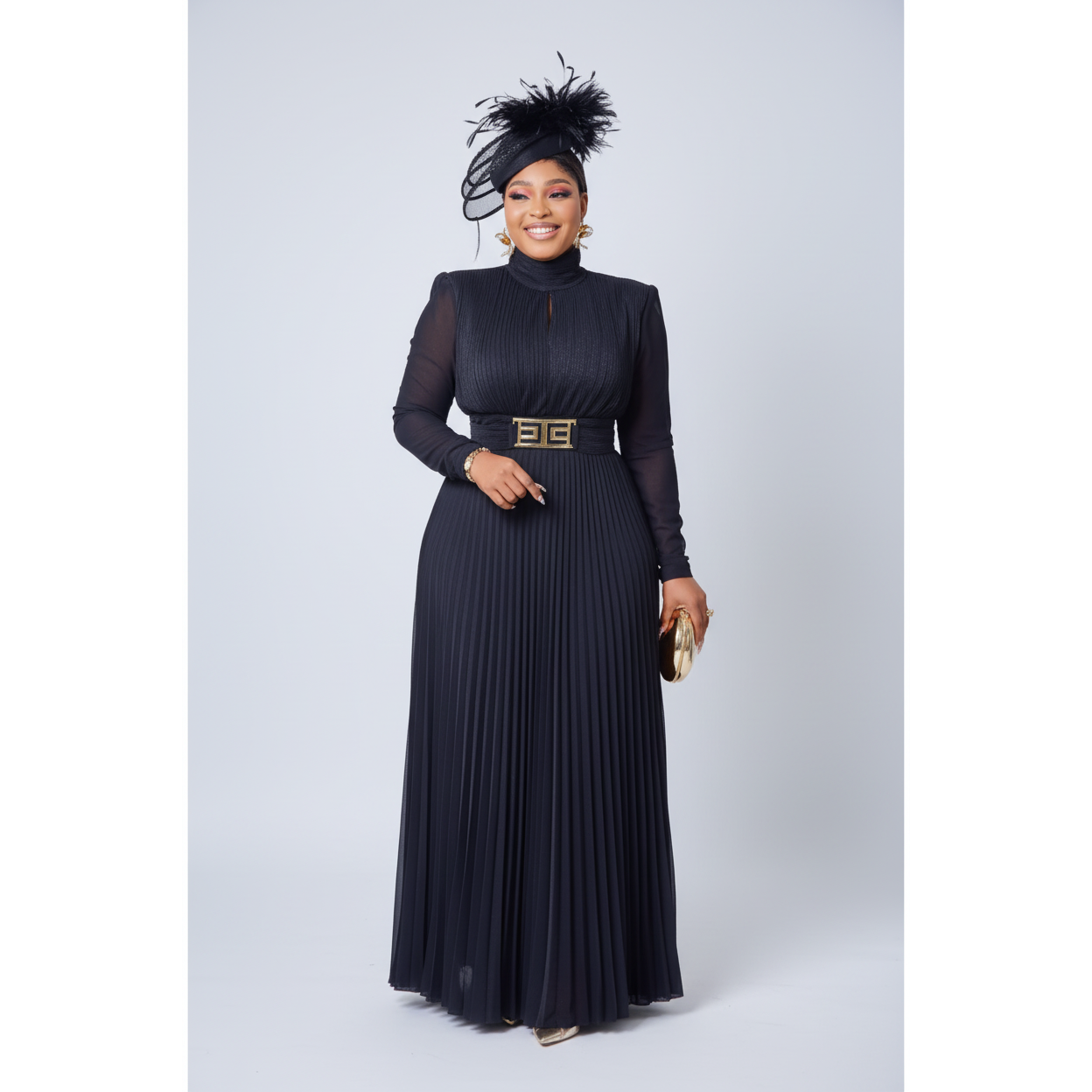 Satin A Line Long Sleeve Pleated High-neck Maxi Dress
