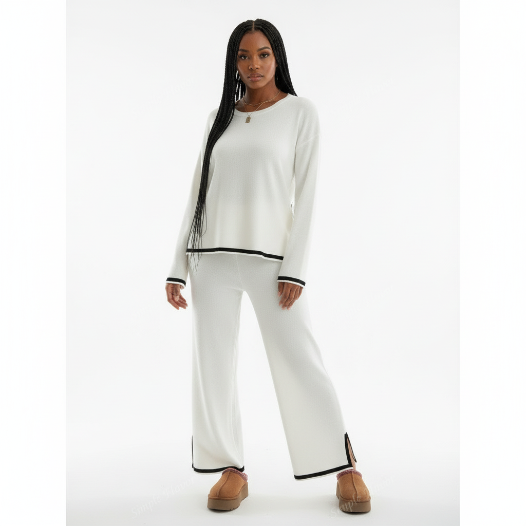 Knitted Sweater Tracksuits Split Up Pullover Top & Wide Leg Pants Set