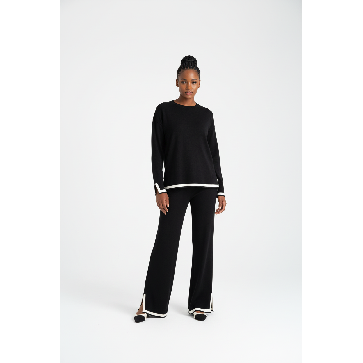 Knitted Sweater Tracksuits Split Up Pullover Top & Wide Leg Pants Set
