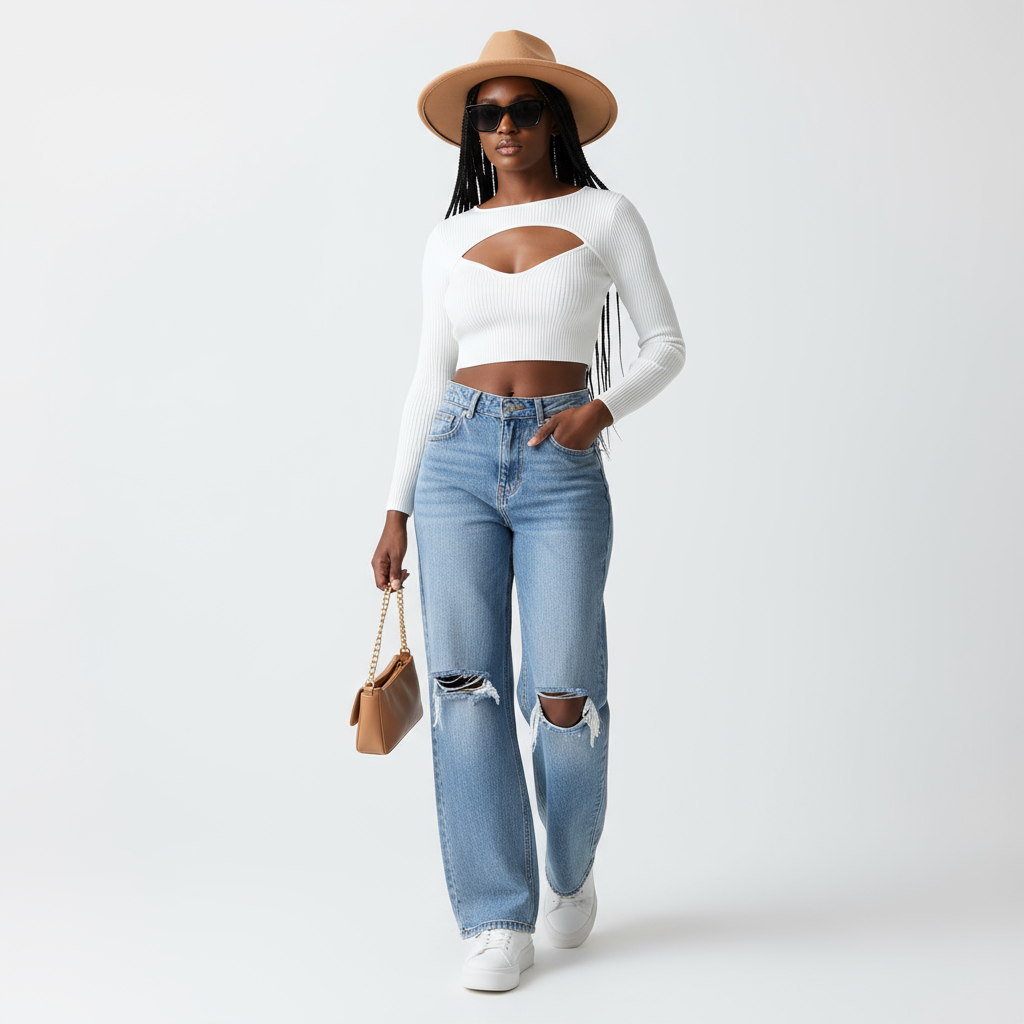 Wide Leg High Waist Distress Jeans
