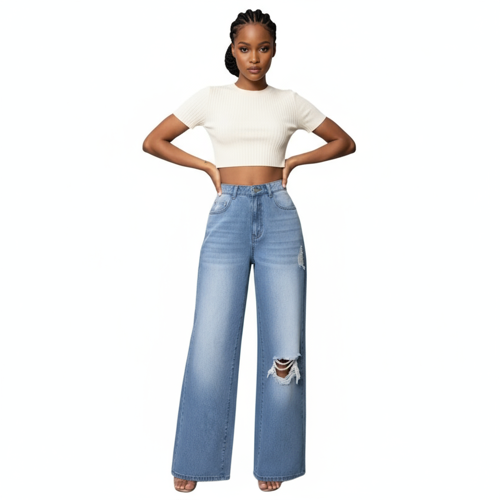 High-Waist Elastic Zipper Closure Casual Denim Jeans  Pants