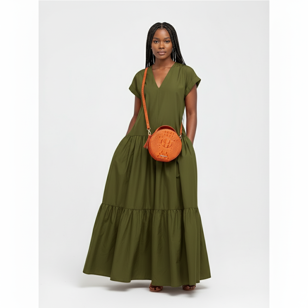 Short Sleeves Pleated V-Neck Maxi Dress