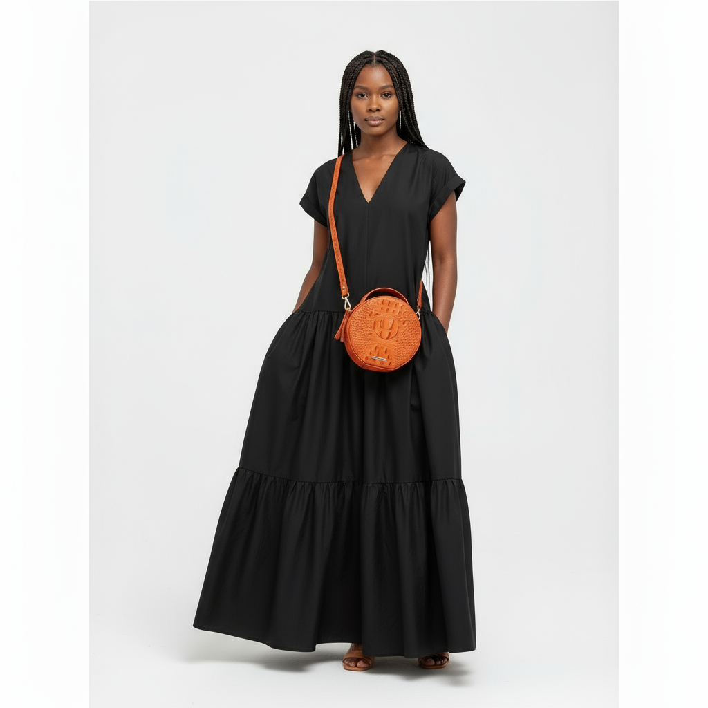 Short Sleeves Pleated V-Neck Maxi Dress