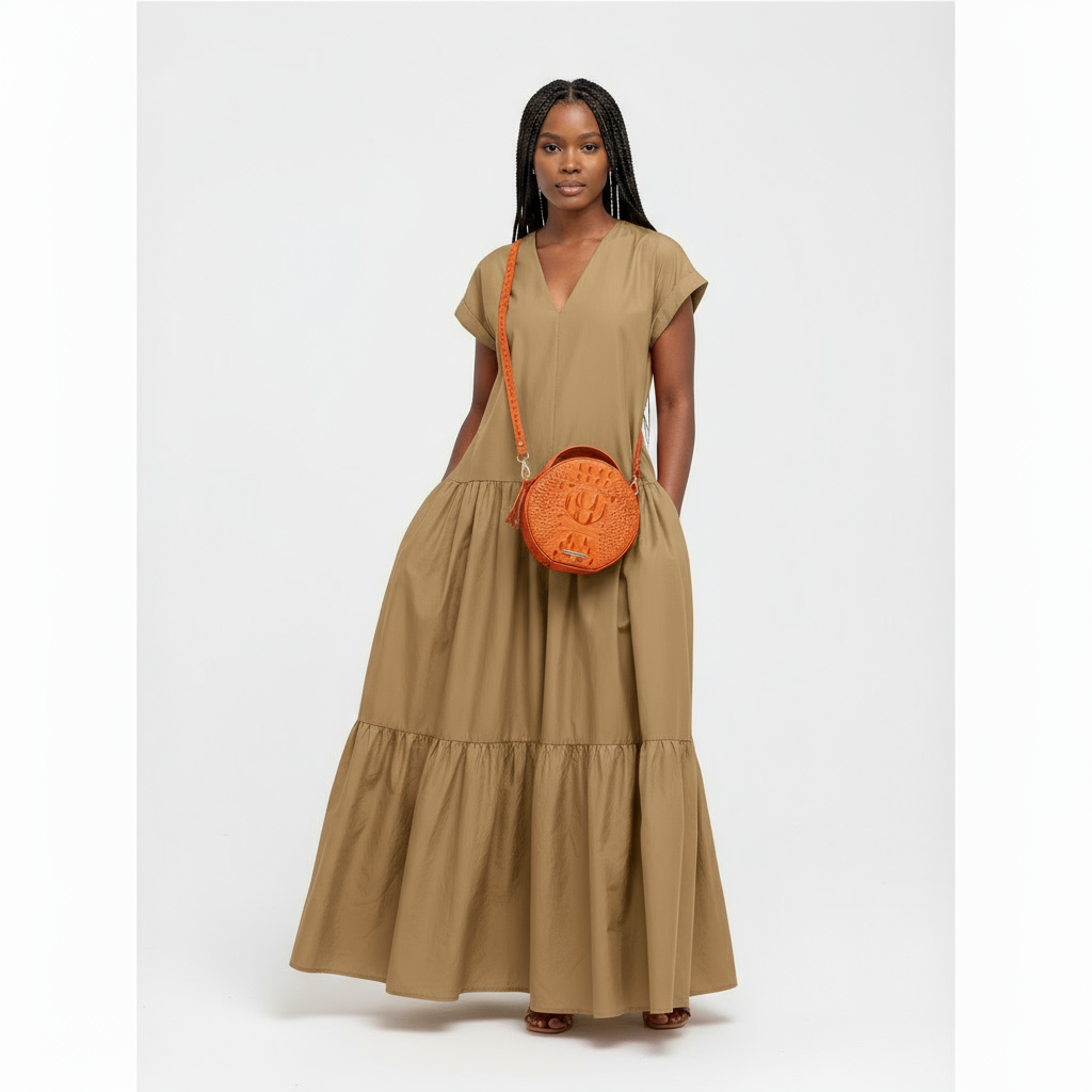 Short Sleeves Pleated V-Neck Maxi Dress