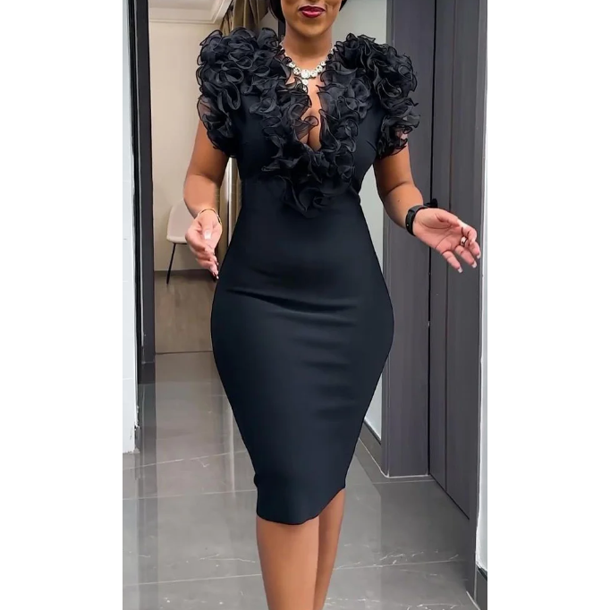 Ruffle Short Sleeve Bodycon Midi Dresses