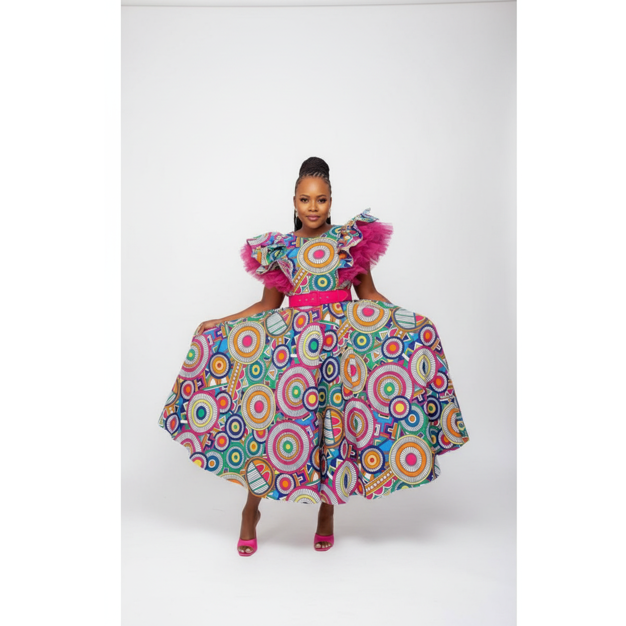 Traditional Lace Shoulder Multi Color African Print Dress