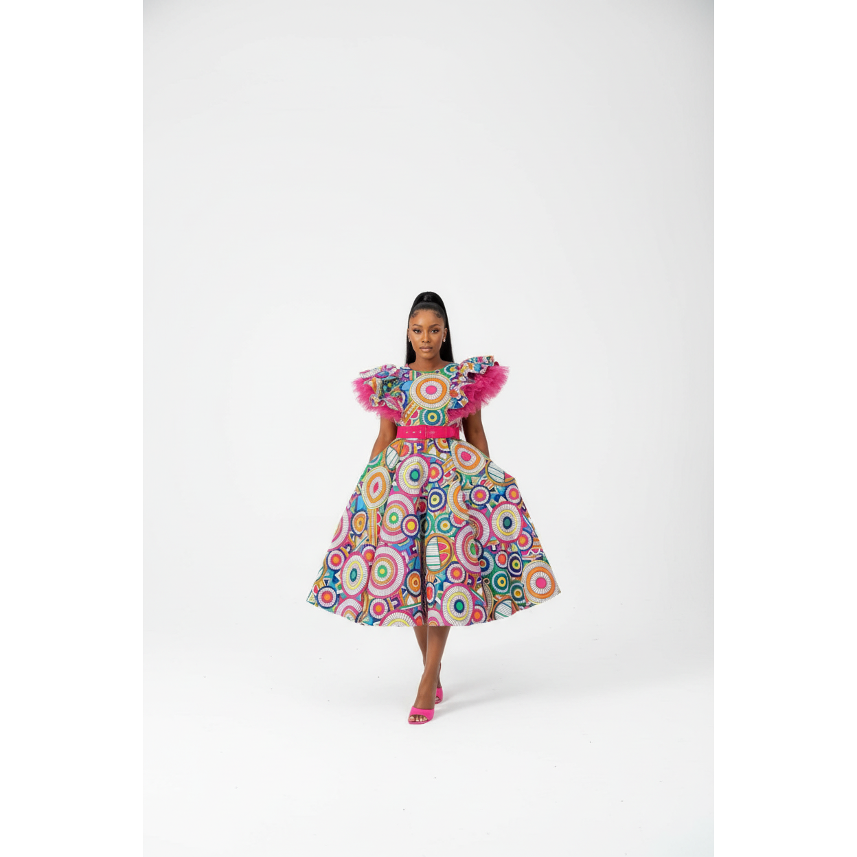 Traditional Lace Shoulder Multi Color African Print Dress