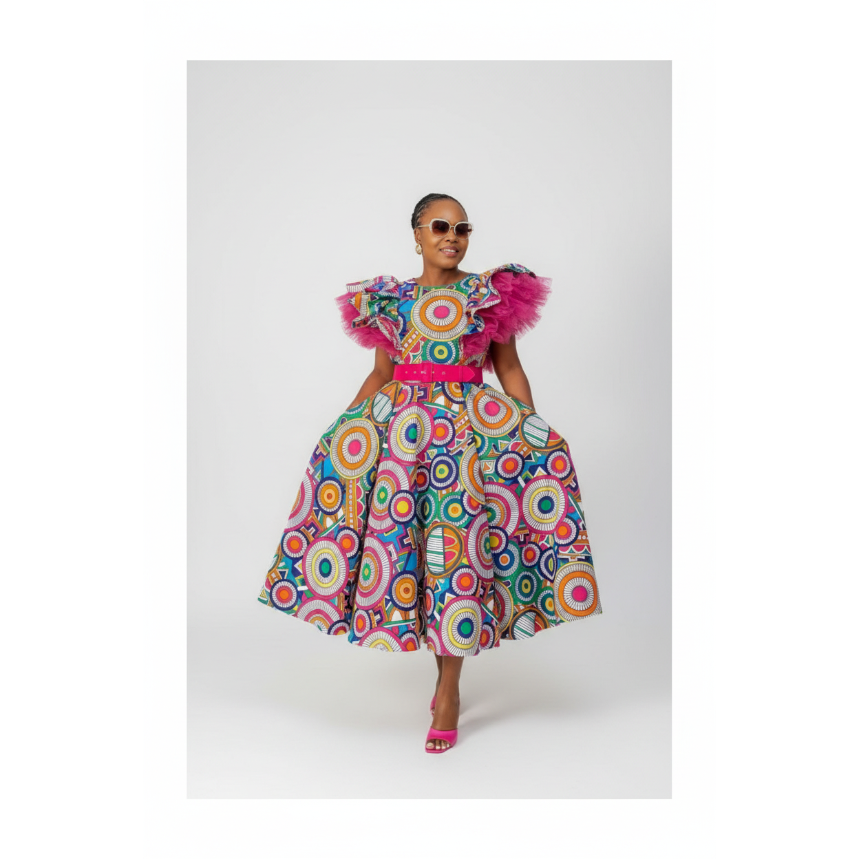 Traditional Lace Shoulder Multi Color African Print Dress