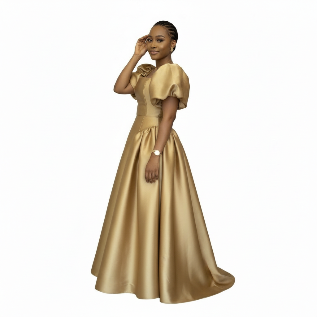 Bubble Sleeve Pleated Maxi Dress