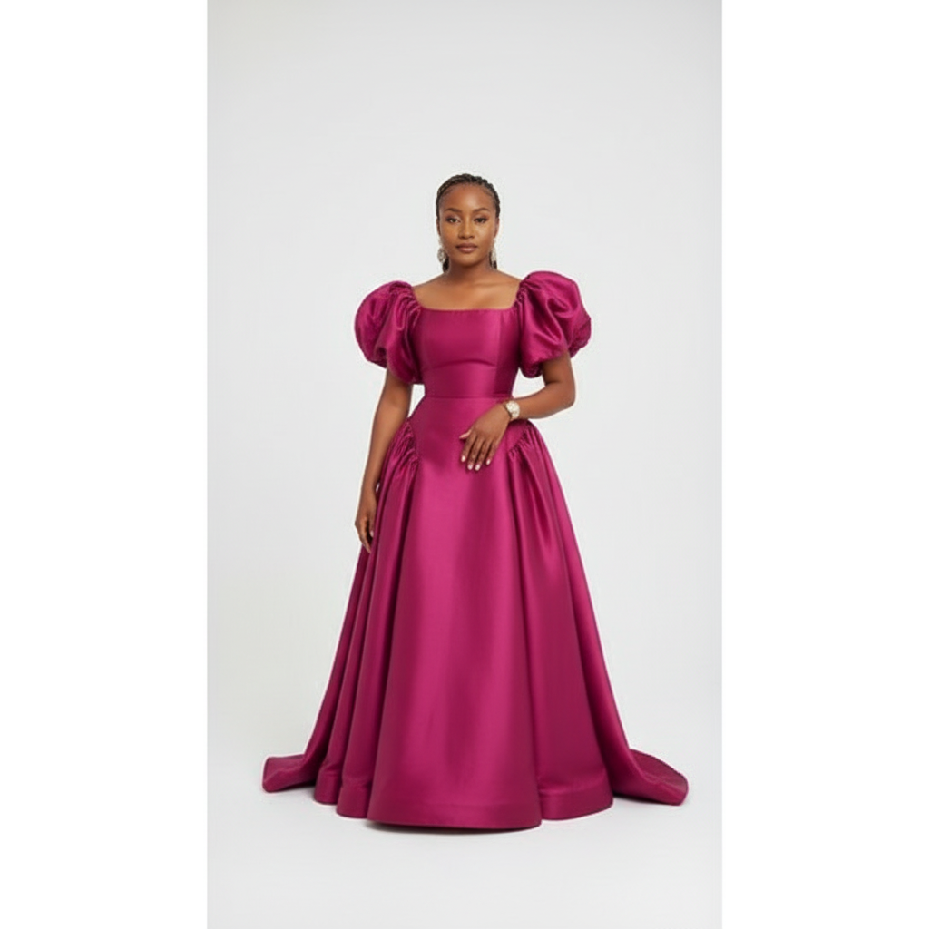 Bubble Sleeve Pleated Maxi Dress