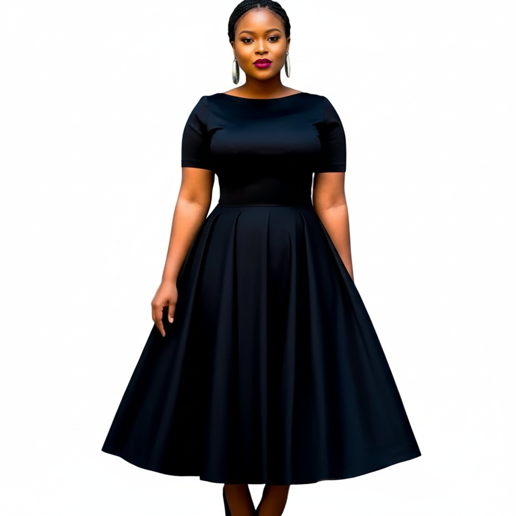Plus Size Semi Formal Black Round Neck Short Sleeve Midi Dress